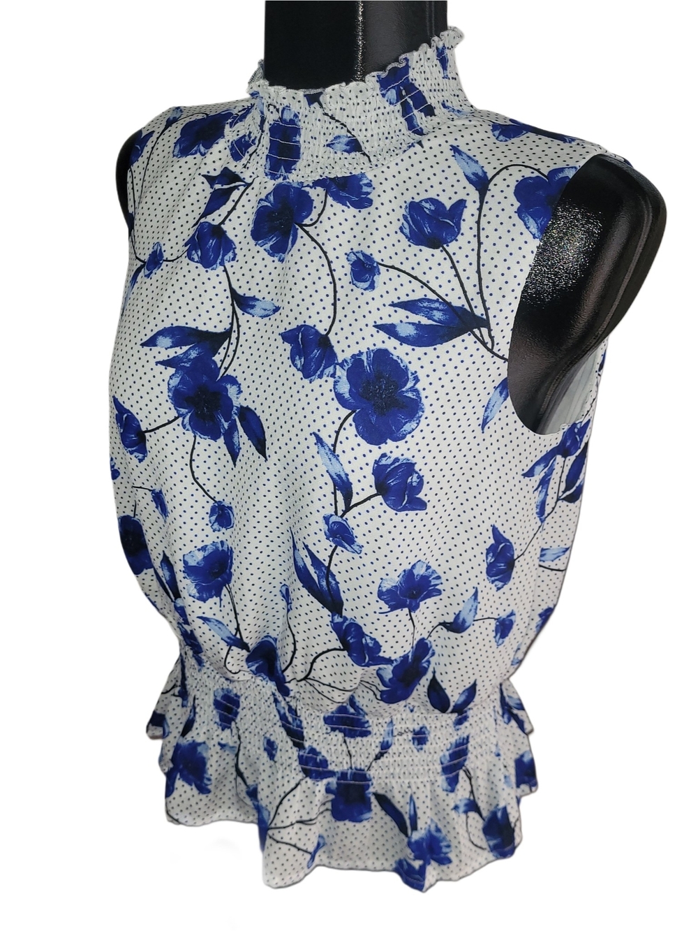 Suzy Shier Sleeveless White & Blue Floral Smocked Neck Peplum Top - Picture 3 of 6